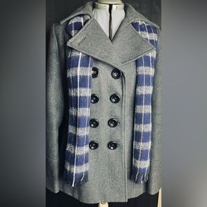 Anne Klein Women’s Wool Blend Double Breasted Peacoat With Scarf Size Small